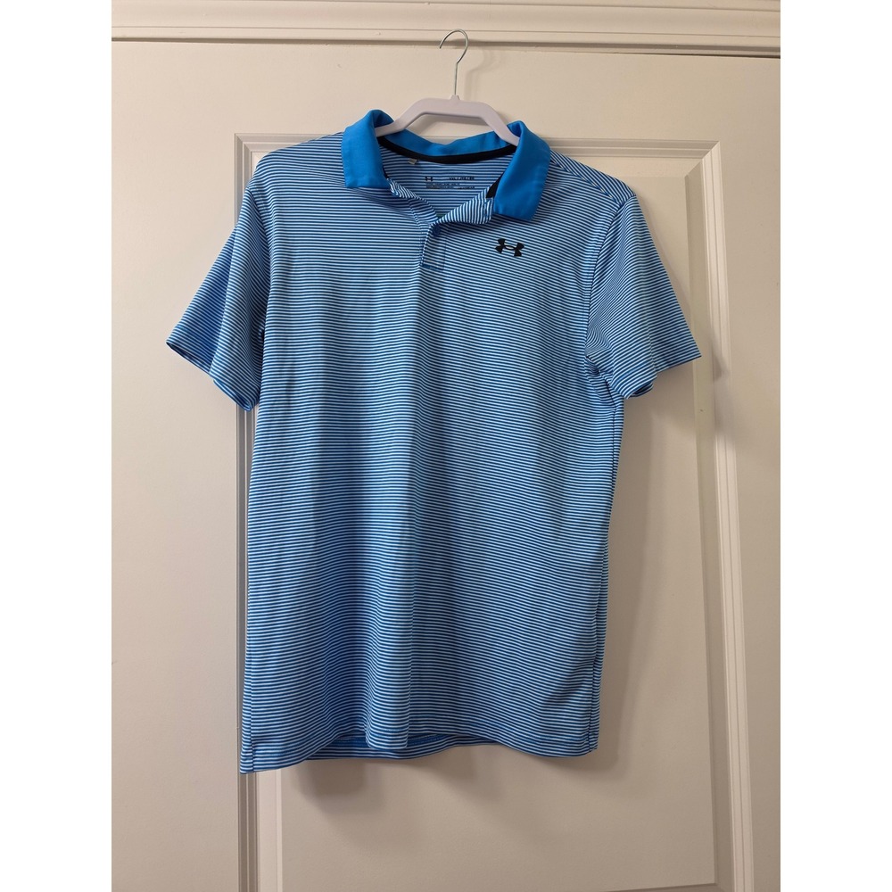 Under Armour Boys YXL Blue White Striped HeatGear Loose Fit Polo Shirt